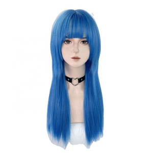 Long Blue Straight Wigs with Bangs Dark Blue Wig Mullet Head Wig Synthetic Party Cosplay Hair Heat Resistant Fiber (Blue)