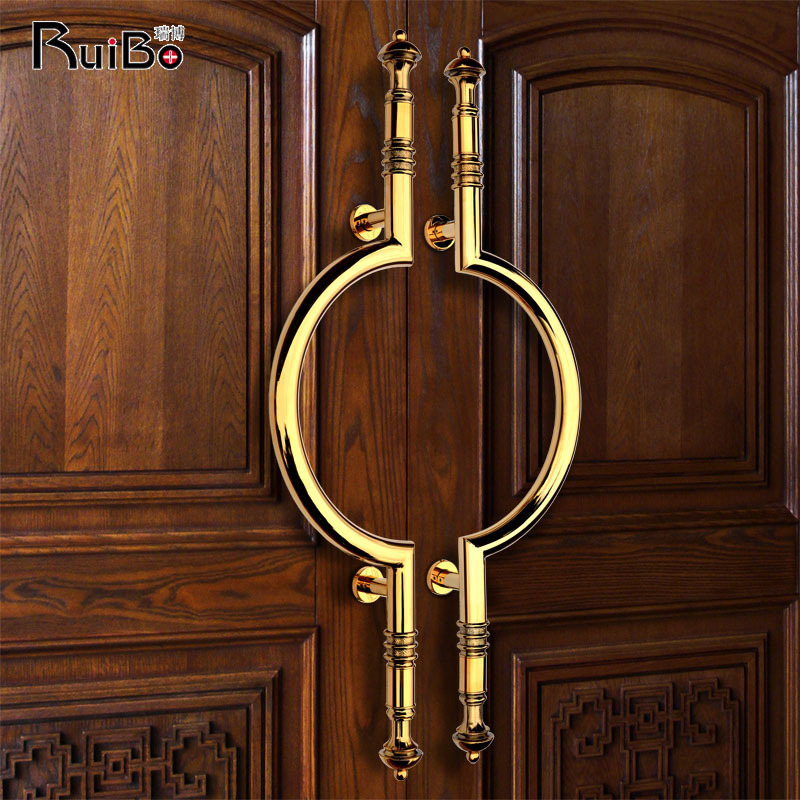 Entry villa glossy gold round arc solid wood door handle hotel glass sliding door stainless steel large handle customised