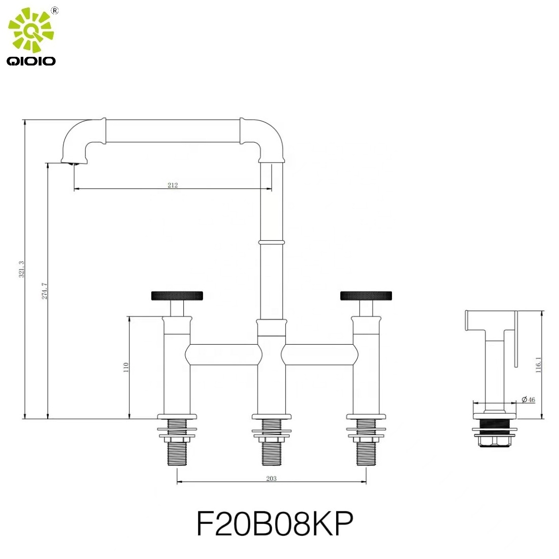 High Quality Bridge Double Handle Industrial Design Brass Kitchen Faucet with Bidet Spray kitchen sink tap