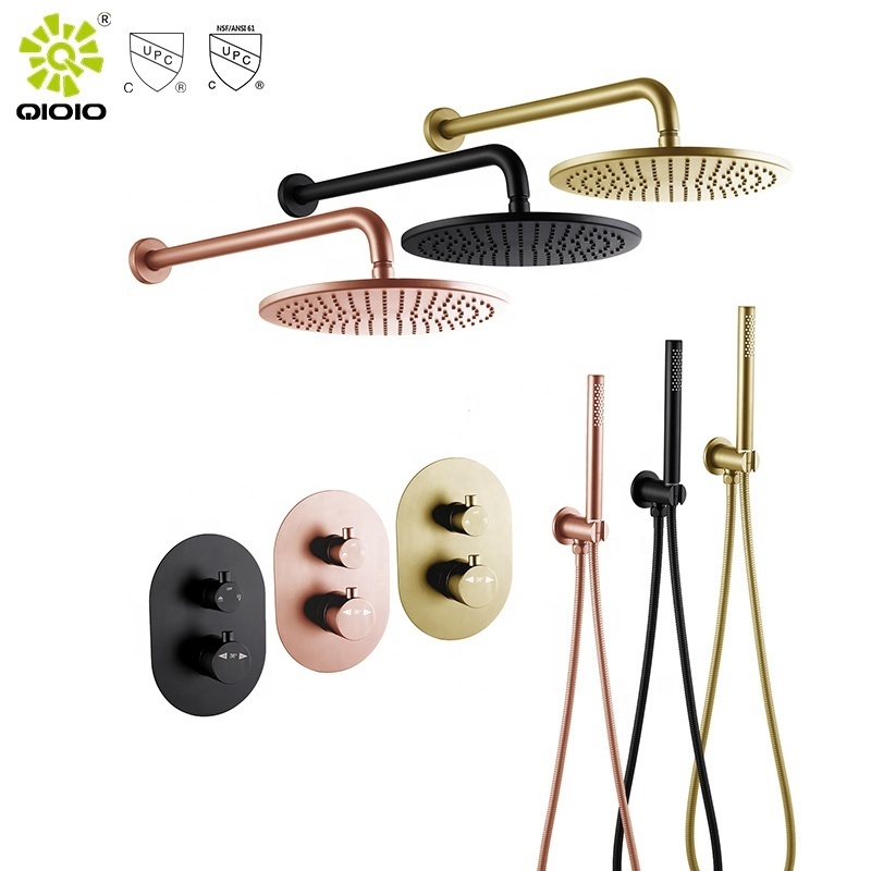 Villa Hotel Brushed Gold Concealed Shower Bath Mixer In Wall Mounted Thermostatic Shower Faucet Set For Bathroom