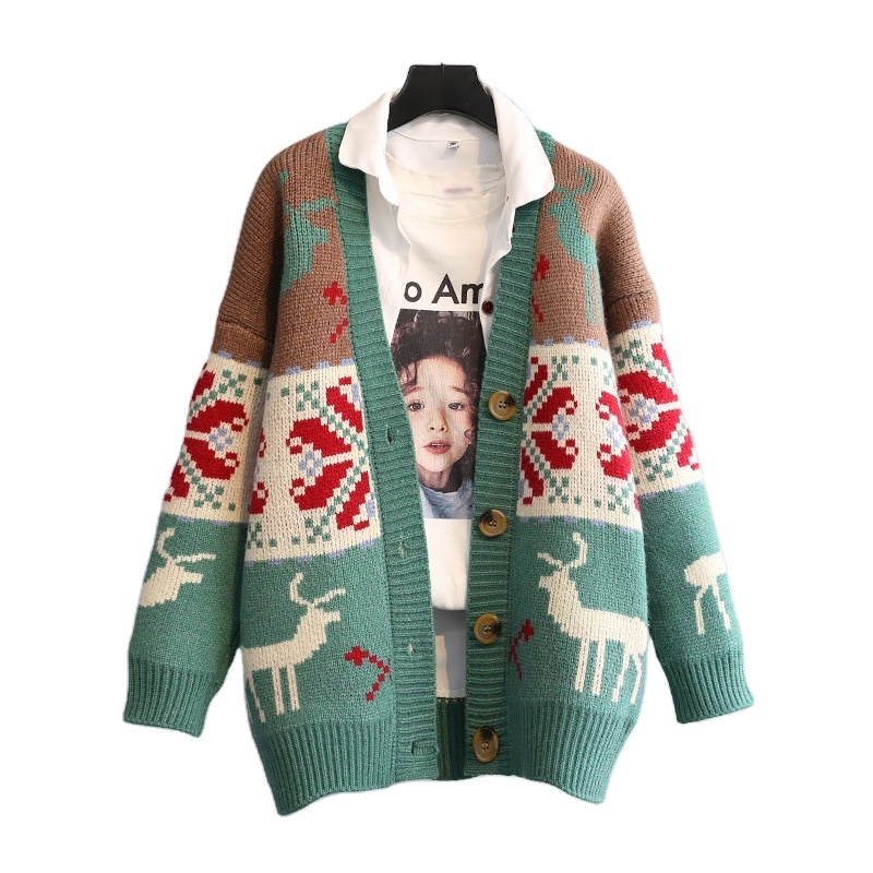 Spring and autumn Korean style thick loose outdoor jacquard coat Christmas sweater cardigan for women