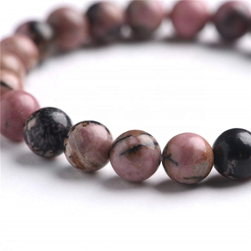 Natural Gemstone Pink Black Rhodonite Healing Crystal Stretch Stone Bead Bracelet 8mm