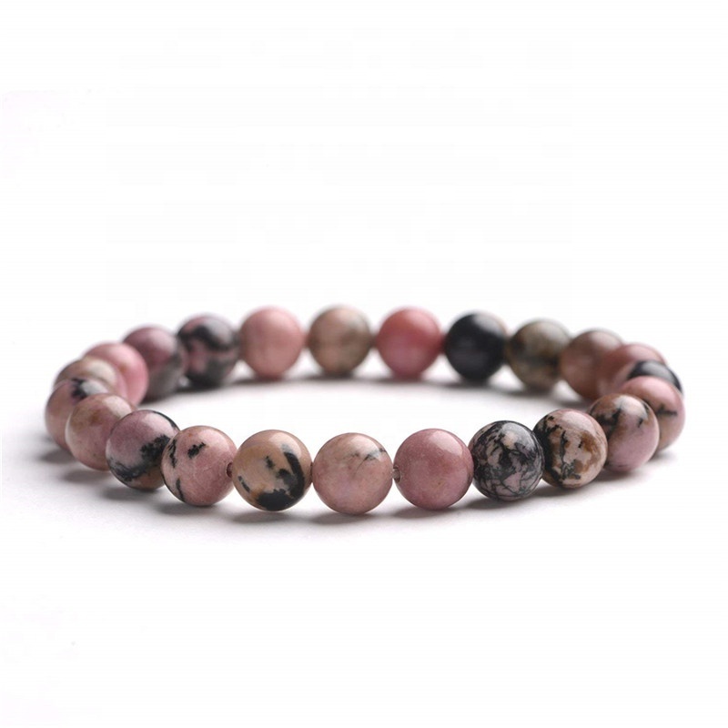 Natural Gemstone Pink Black Rhodonite Healing Crystal Stretch Stone Bead Bracelet 8mm