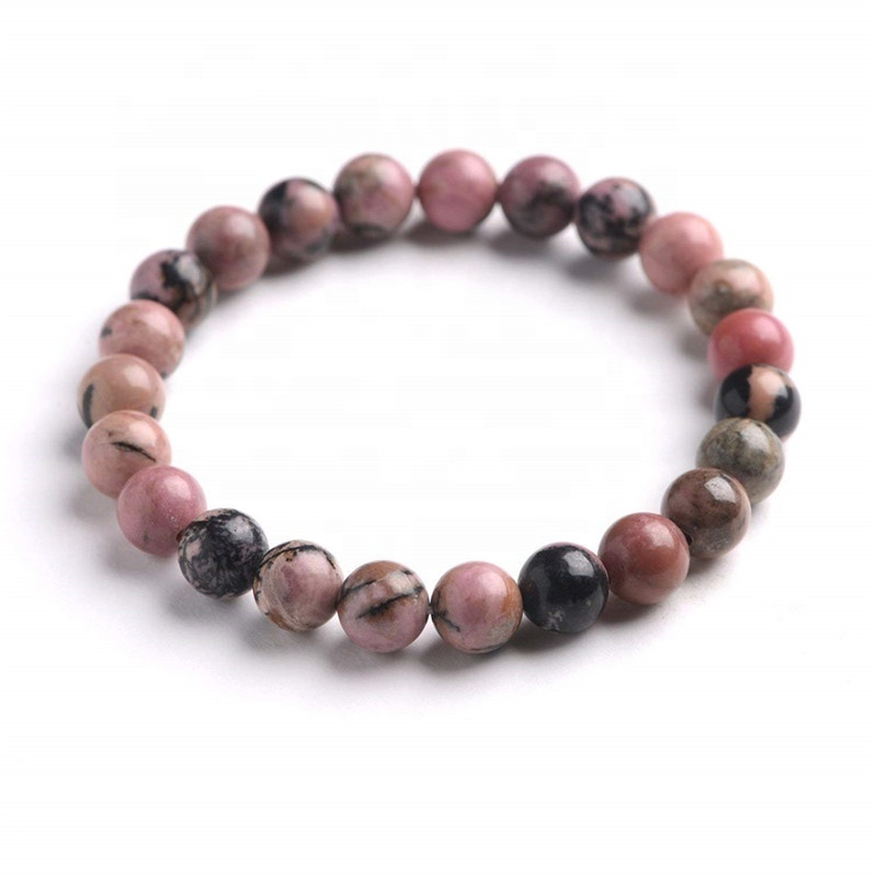 Natural Gemstone Pink Black Rhodonite Healing Crystal Stretch Stone Bead Bracelet 8mm