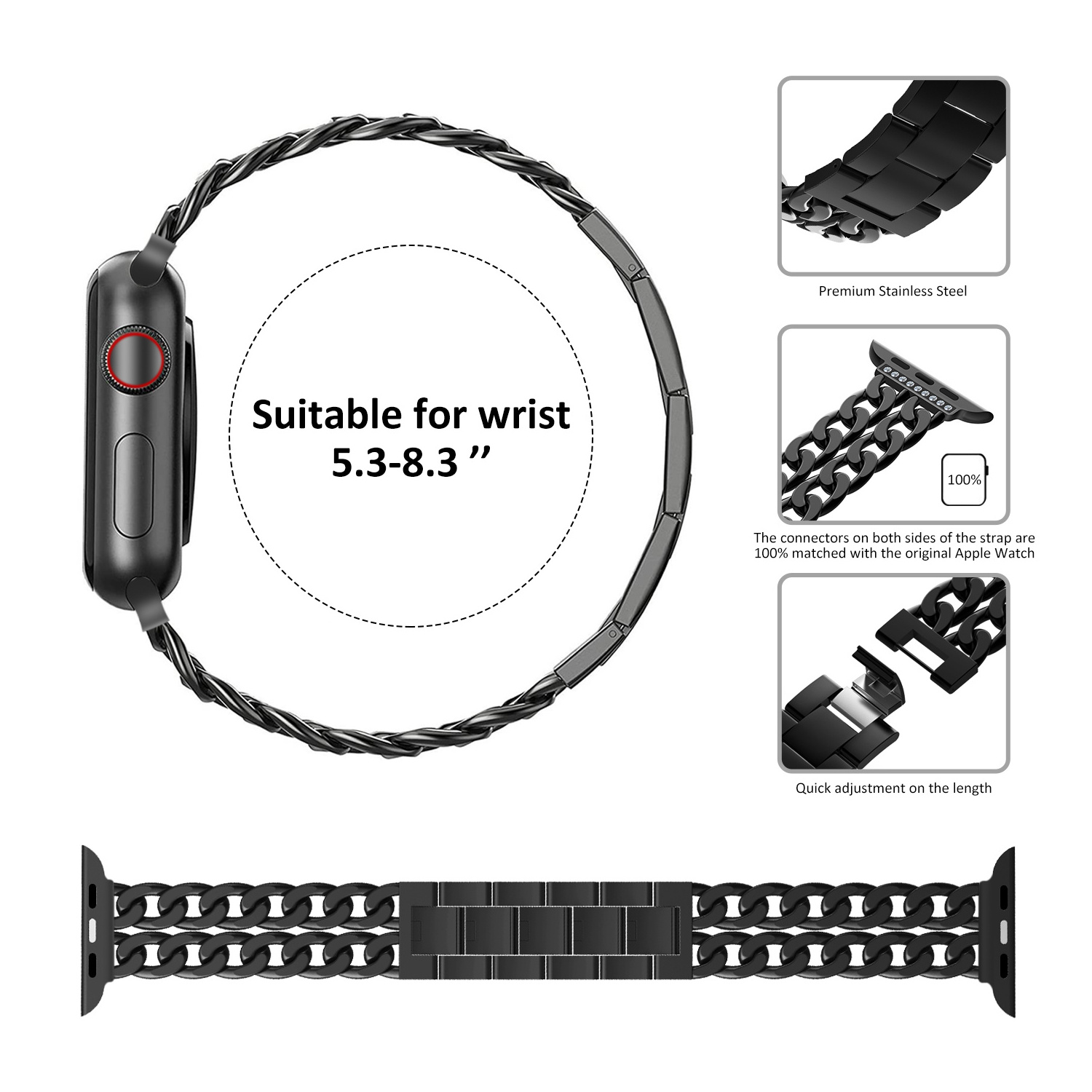 KeepWin Diamond Adapter Cowboy Metal Stainless Steel 38 40 41 42 44 45 mm Strap Band Replacement Watch Band for Apple