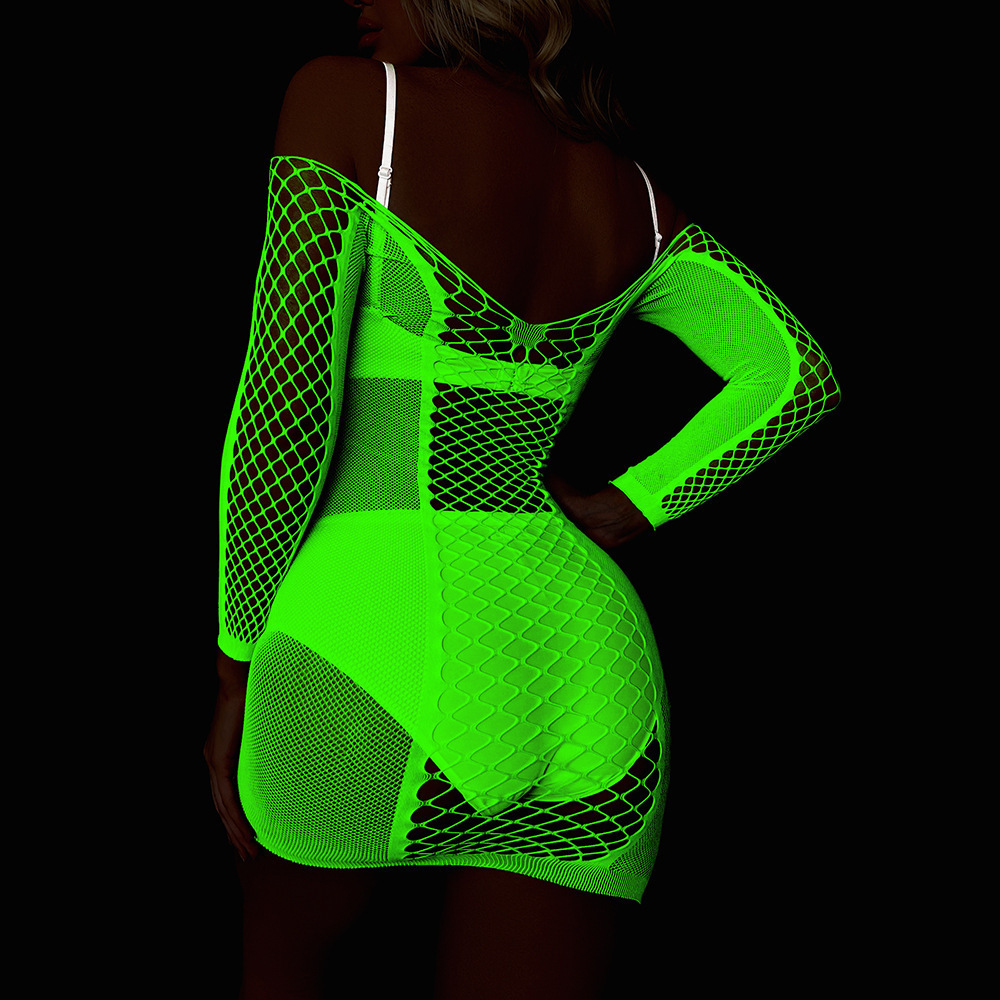 Glow In The Dark Lingerie Hollow Out Luminous Sexy Underwear Long Sleeve Off Shoulder Dress Lingerie Women Fishnet Bodystocking