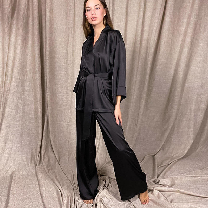 Wholesale Luxury Satin Silk Robes And Pants Two Piece Sleepwear Sets For Women