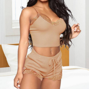 Wholesale Women Satin Silk Pajama Set Sexy 2 Piece Sleeveless Sleepwear With Lace Shorts set