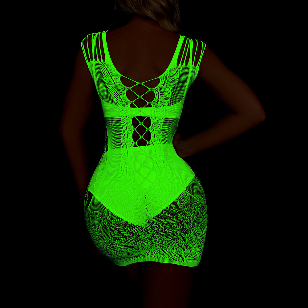 Luminous Sleeveless Mesh Tight Dress One Piece Hollow Out Erotic Lingerie for Women Glow In The Dark Fishnet Sexy Body Stocking