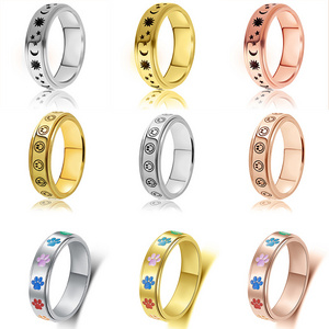 Fashionable Stainless Steel Spinner Ring Moon Star Smile Face Fidget Anti Anxiety Ring