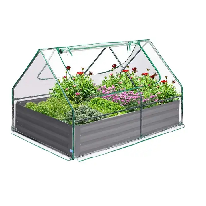 wholesale 6x3x1ft Galvanized Raised Garden Bed with Cover Metal Planter Box Kit w/ 2 Large Screen Windows Mini Greenhouse 20pcs