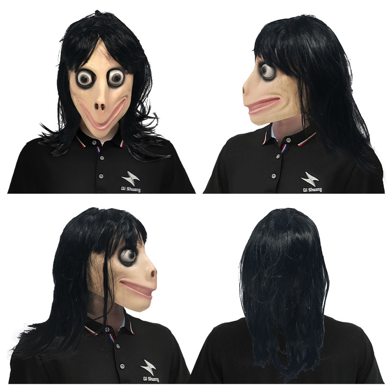 Full Head Scary Momo HackGame Latex Mask Big Eye with Long Wigs MOMO MASK Halloween Costume Theme Party Masks