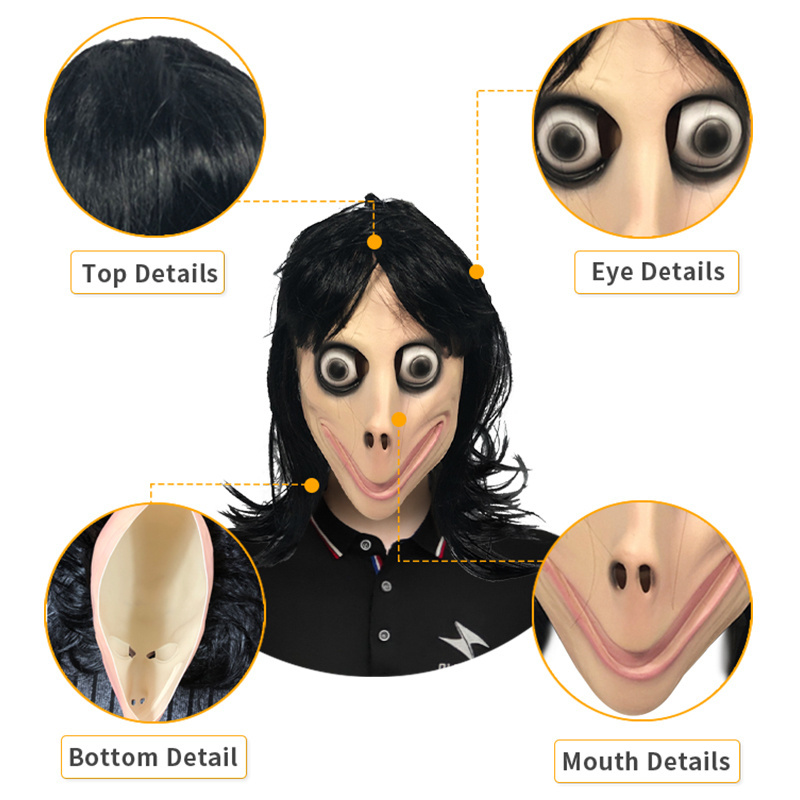 Full Head Scary Momo HackGame Latex Mask Big Eye with Long Wigs MOMO MASK Halloween Costume Theme Party Masks