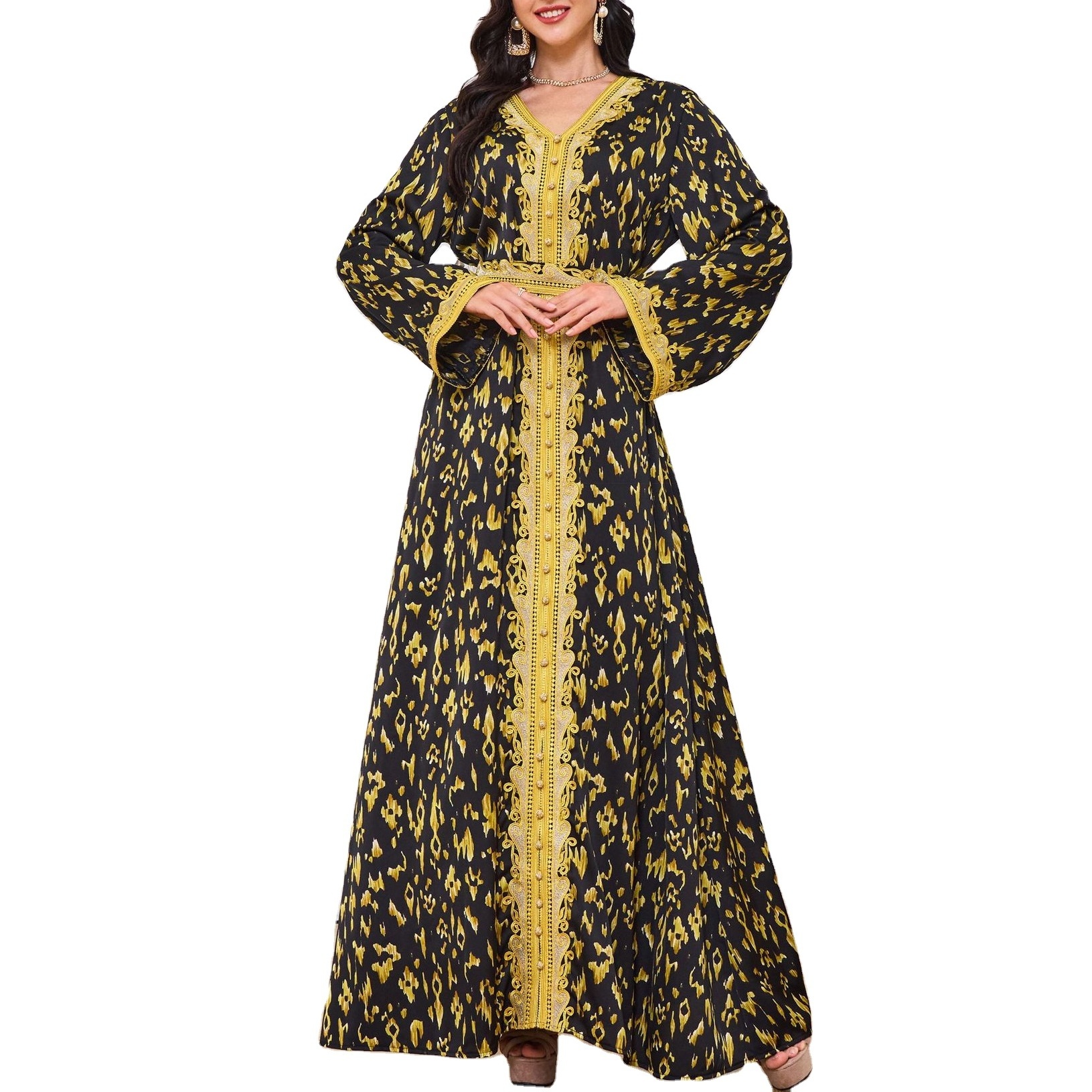 Fashion Embroidered Kaftan Arabic Long Dress Printed Evening Party Dresses Gulf Jalabiya Eid Ramadan Muslim Dubai Turkish Abaya