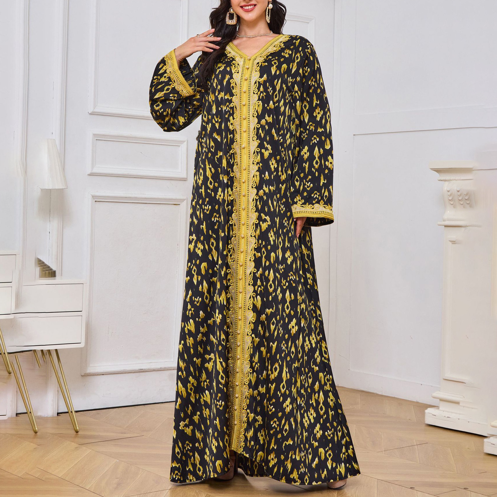 Fashion Embroidered Kaftan Arabic Long Dress Printed Evening Party Dresses Gulf Jalabiya Eid Ramadan Muslim Dubai Turkish Abaya