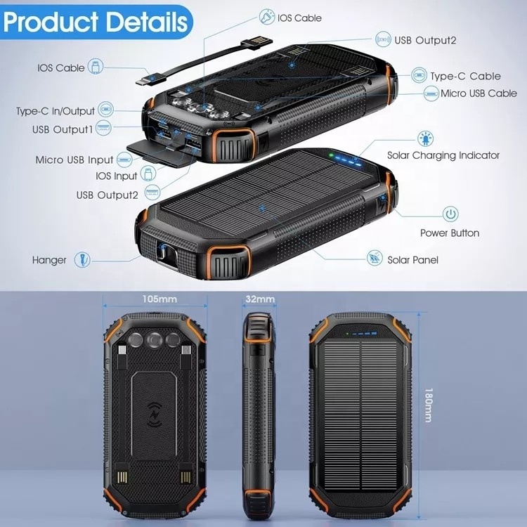 Outdoor Portable Powerbank 20000mah High Capacity Dual Usb Battery With Led Flashlight Solar Charger Solar Wireless Power Bank