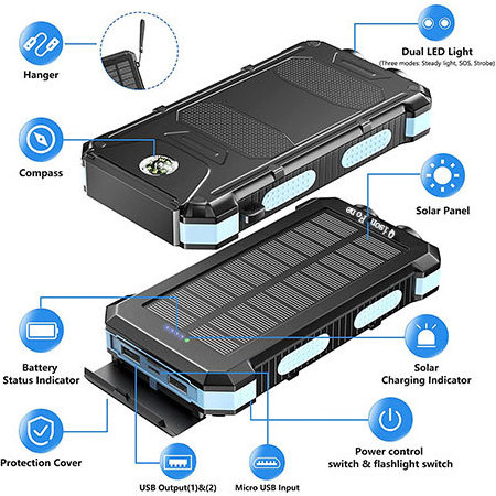 New Solar Power Bank Dual Usb Power Bank 20000mah Waterproof Battery Charger External Portable Solar Panel With Led Light OEM