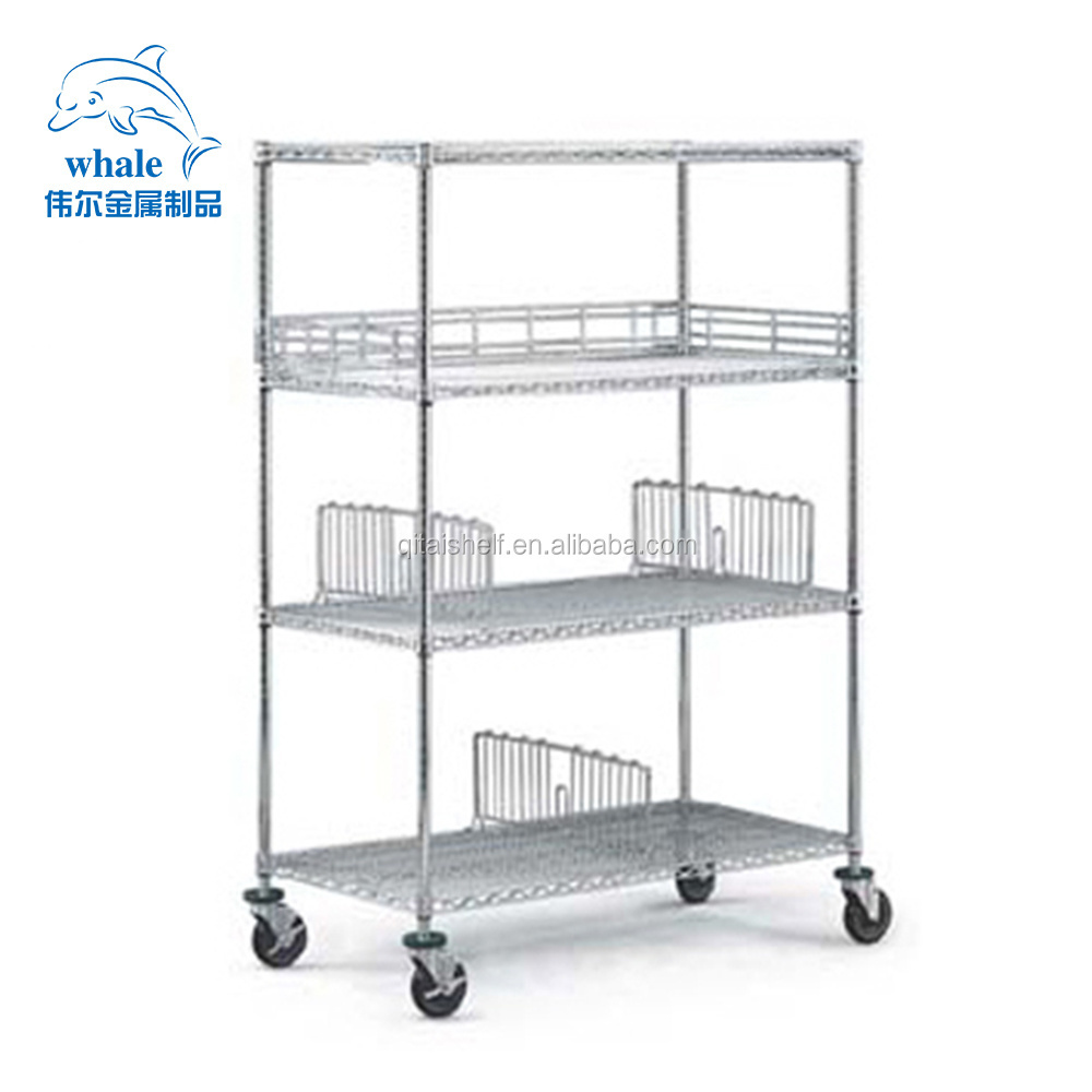 NSF & ISO approved Heavy Duty Chrome Mobile Wire 4 Shelf Shelving Unit with Castors Cart Rack