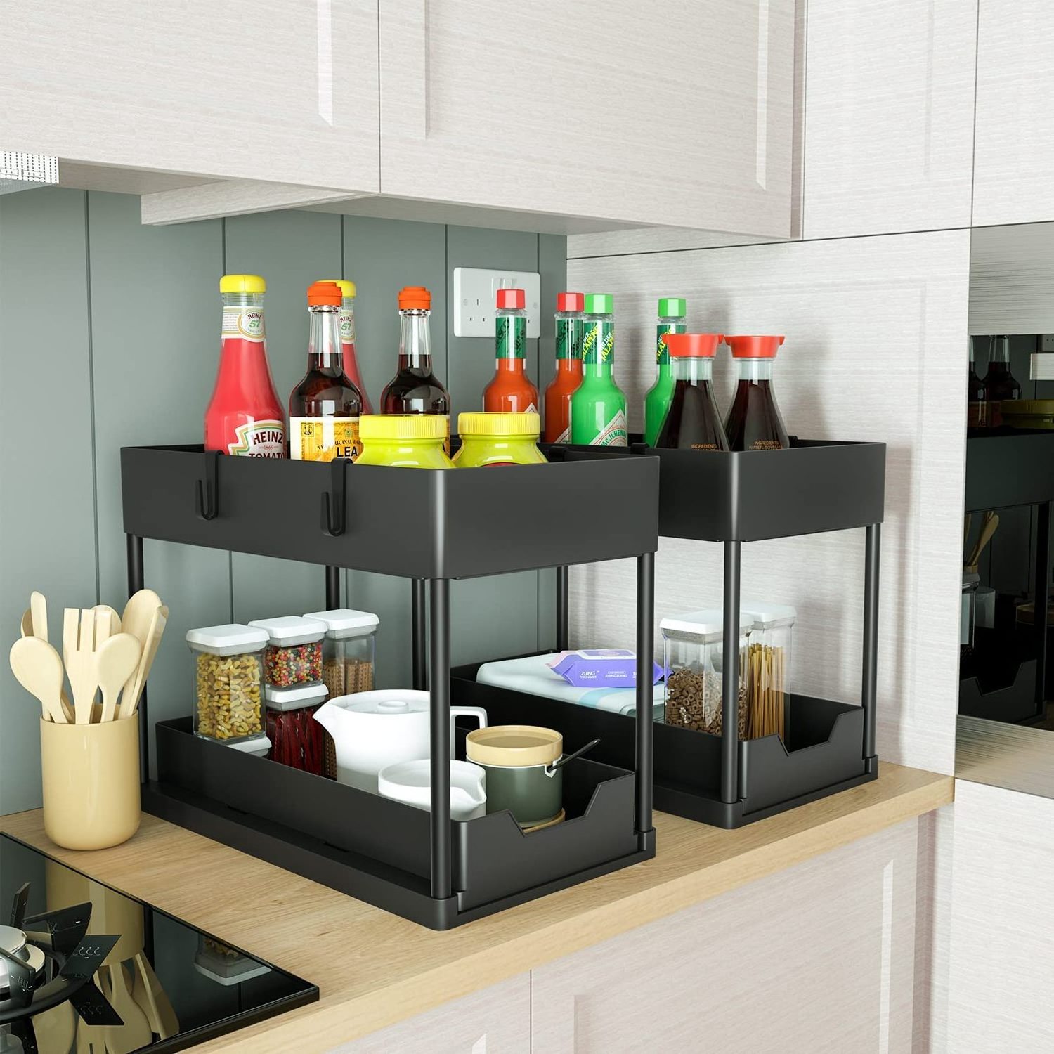 2 Tier Carbon Steel Spice Kitchen Rack Pull Out Sliding Shelf Under Sink Organizer for Cabinet Storage Drawer