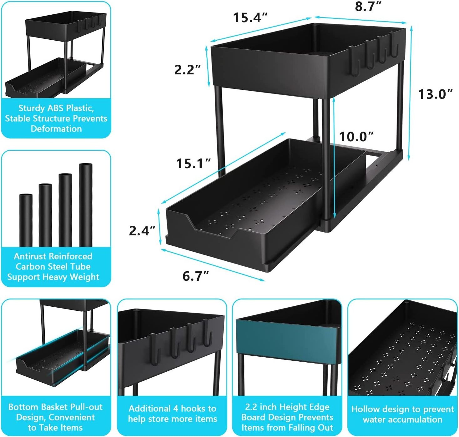 2 Tier Carbon Steel Spice Kitchen Rack Pull Out Sliding Shelf Under Sink Organizer for Cabinet Storage Drawer