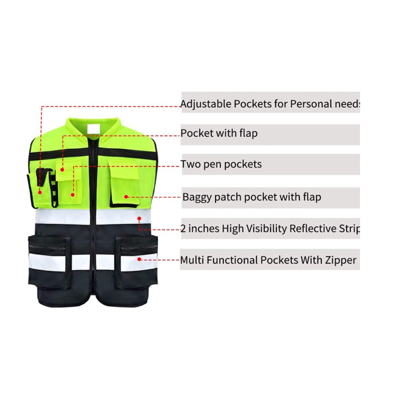 Security Guard Vest Breathable Custom Made Logo Zipper Work High Visibility Reflection Traffic Safety Vest with 4 Pockets