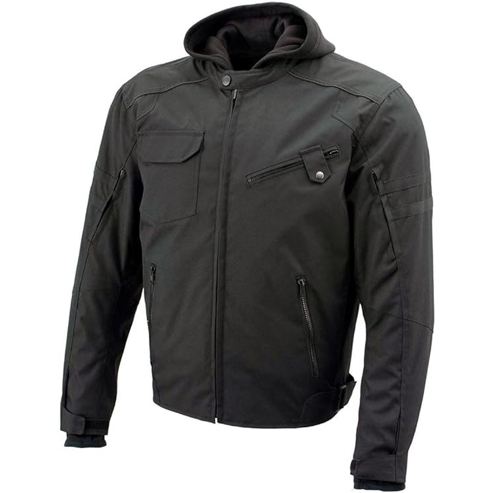 OEM Design Men's Flight Black Textile Padded Jacket Cheap Price X-Armor and Removable Kevlar Lined Hoodie