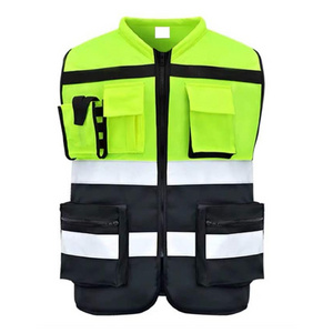 Security Guard Vest Breathable Custom Made Logo Zipper Work High Visibility Reflection Traffic Safety Vest with 4 Pockets