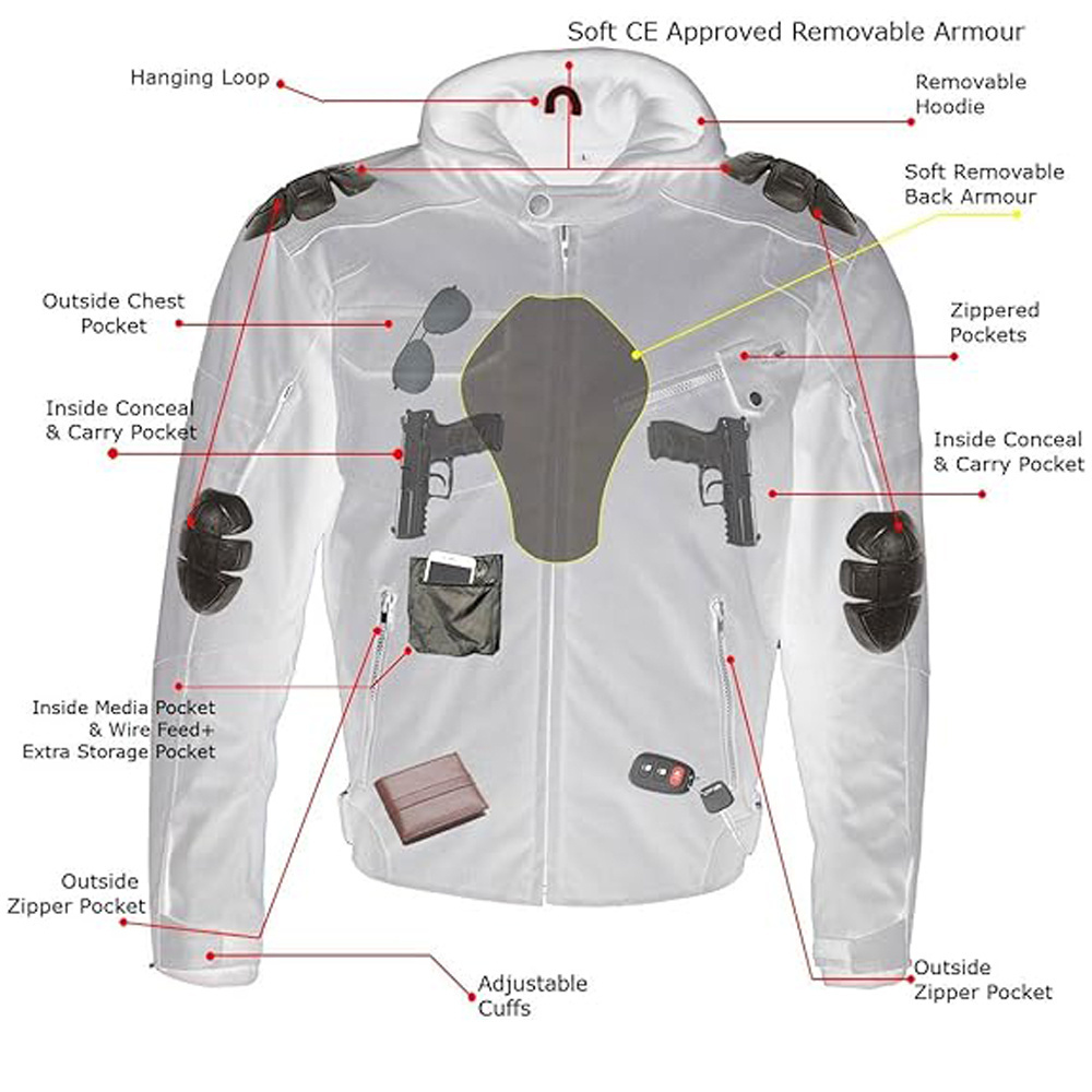 OEM Design Men's Flight Black Textile Padded Jacket Cheap Price X-Armor and Removable Kevlar Lined Hoodie