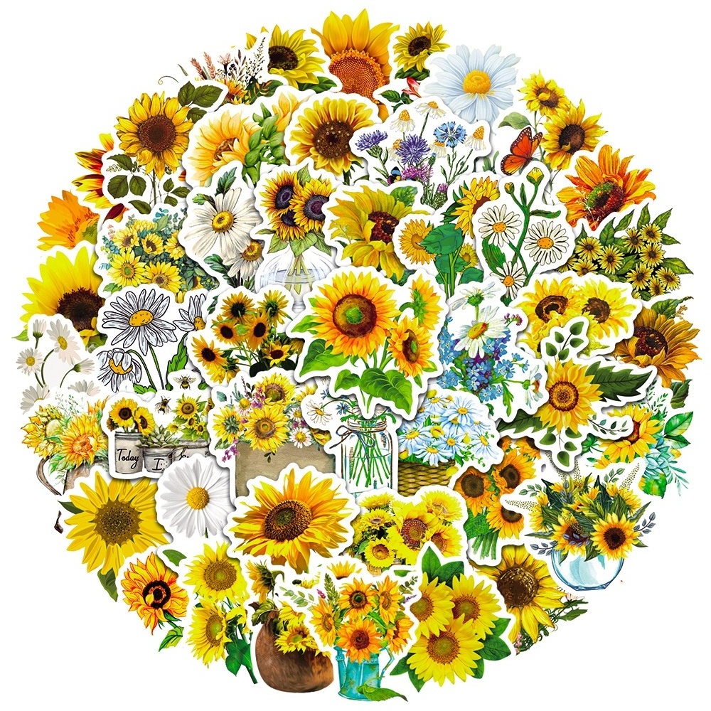 50Pcs Yellow Sunflower Flower Sticker Pack For Girl Scrapbook Diary Journal Laptop Bottle Decorative Decal