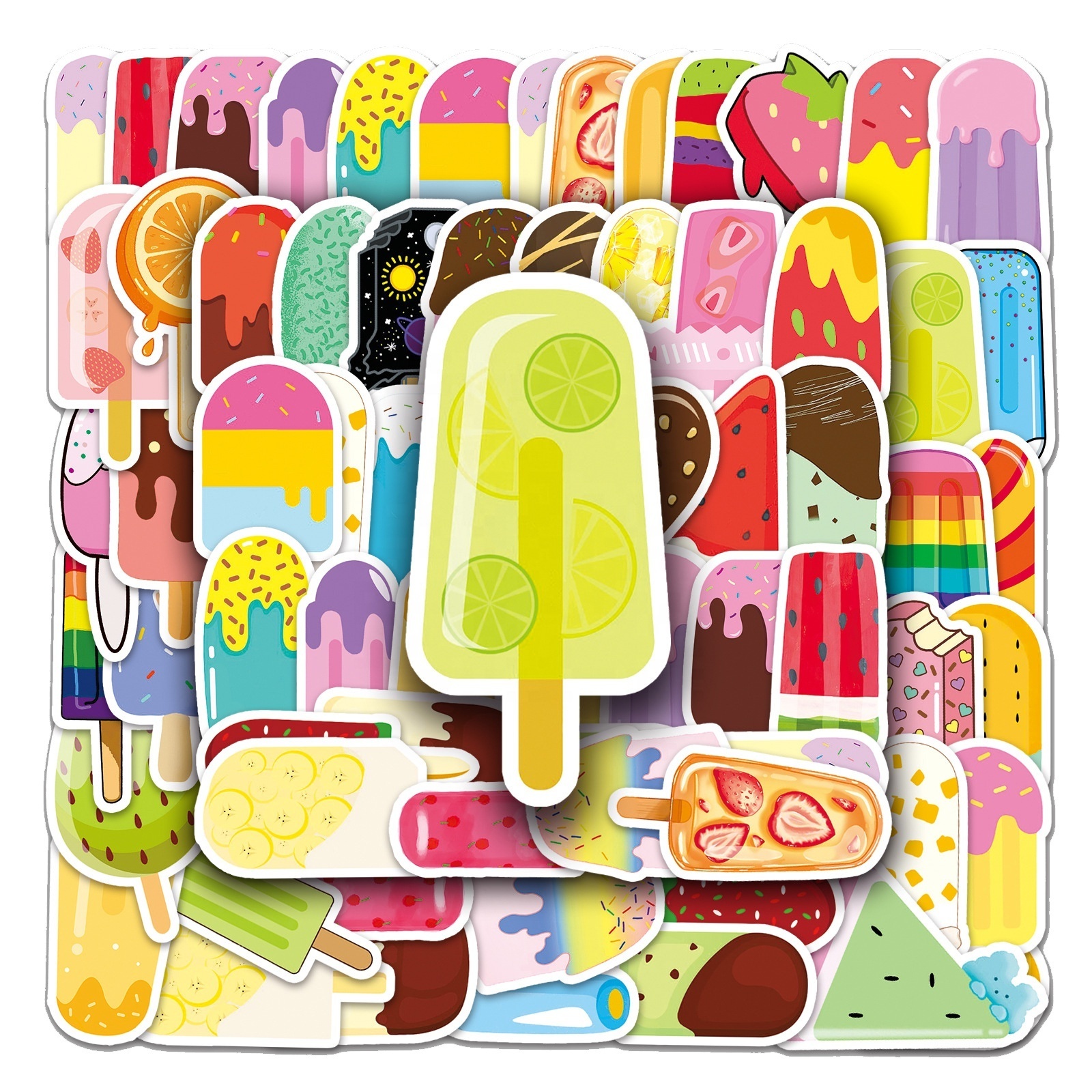 50Pcs Cute Cartoon Ice Cream Popsicle Sticker Pack For Girl Scrapbook Notebook Bottle Fridge Decor Vinyl Adhesive