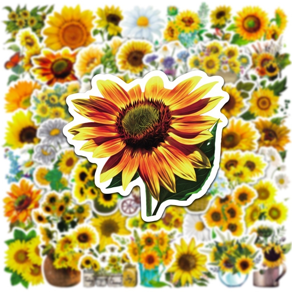 50Pcs Yellow Sunflower Flower Sticker Pack For Girl Scrapbook Diary Journal Laptop Bottle Decorative Decal