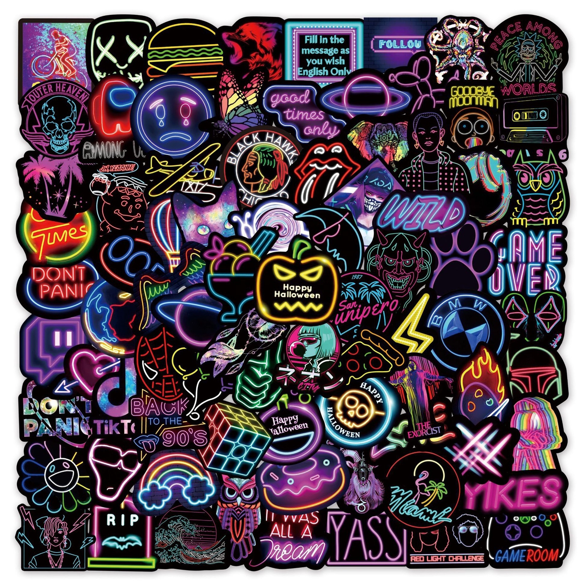 100Pcs Cool Dark Trendy Neon Light Style Graffiti Sticker Skateboard Luggage Laptop Guitar Phone Decorative Decals