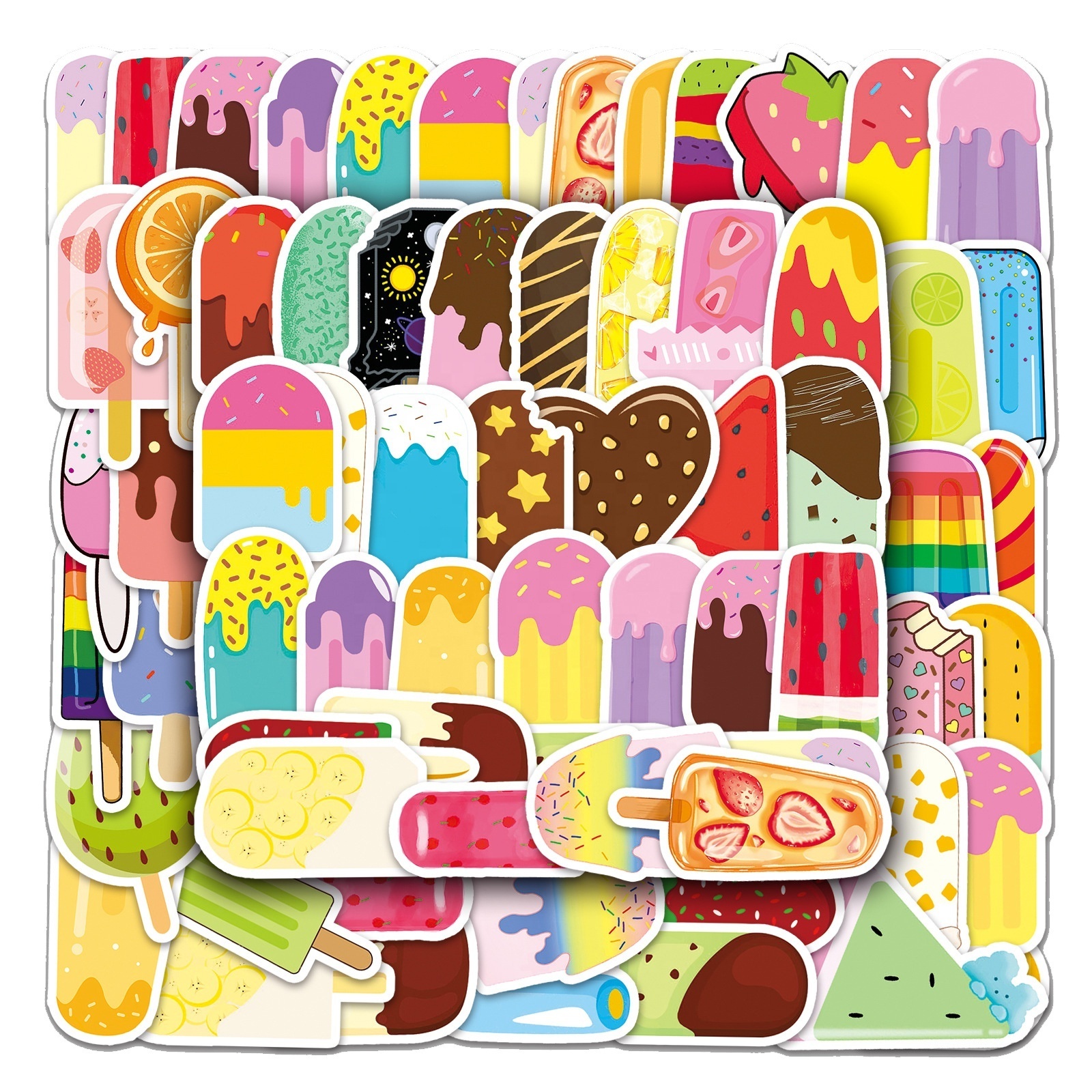 50Pcs Cute Cartoon Ice Cream Popsicle Sticker Pack For Girl Scrapbook Notebook Bottle Fridge Decor Vinyl Adhesive