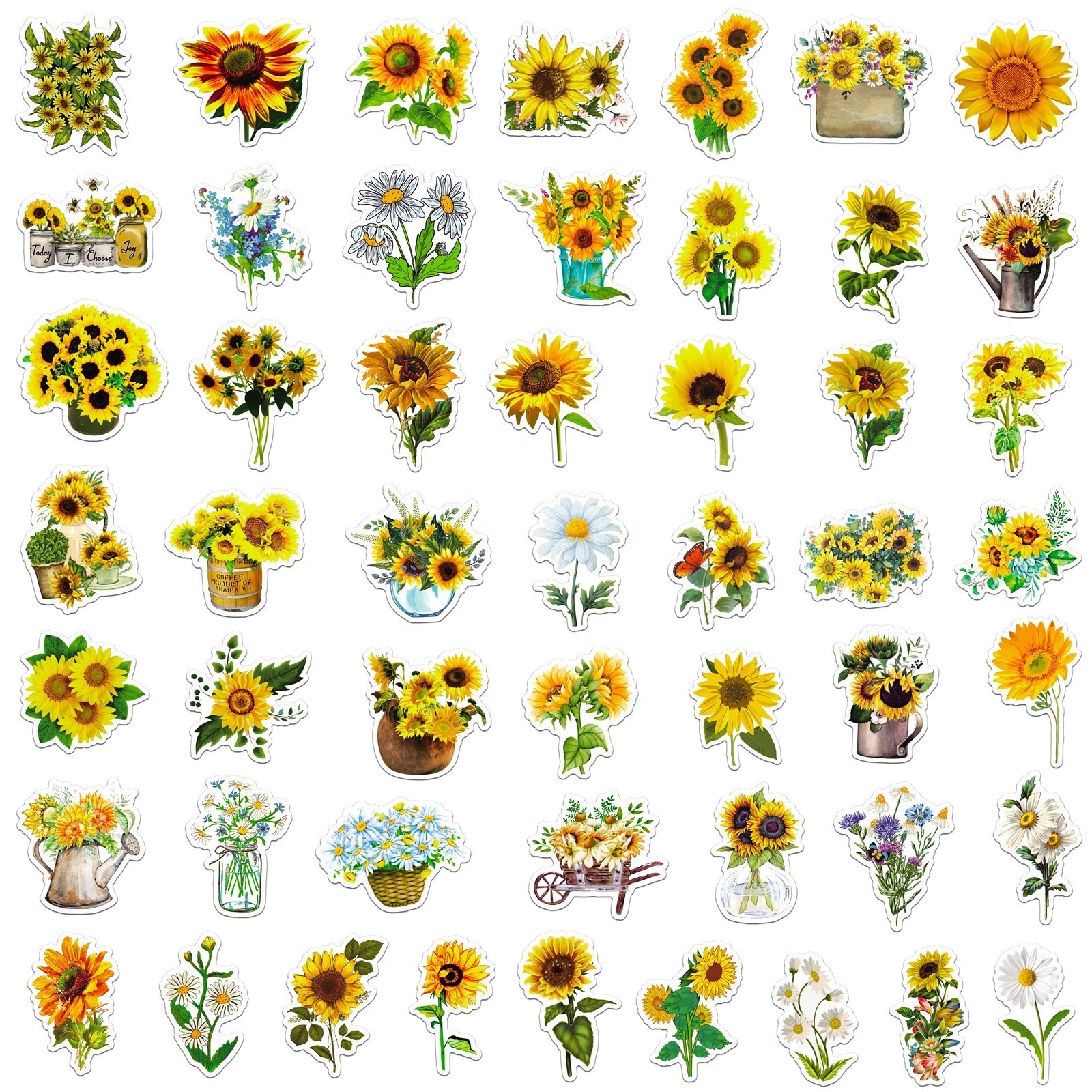 50Pcs Yellow Sunflower Flower Sticker Pack For Girl Scrapbook Diary Journal Laptop Bottle Decorative Decal