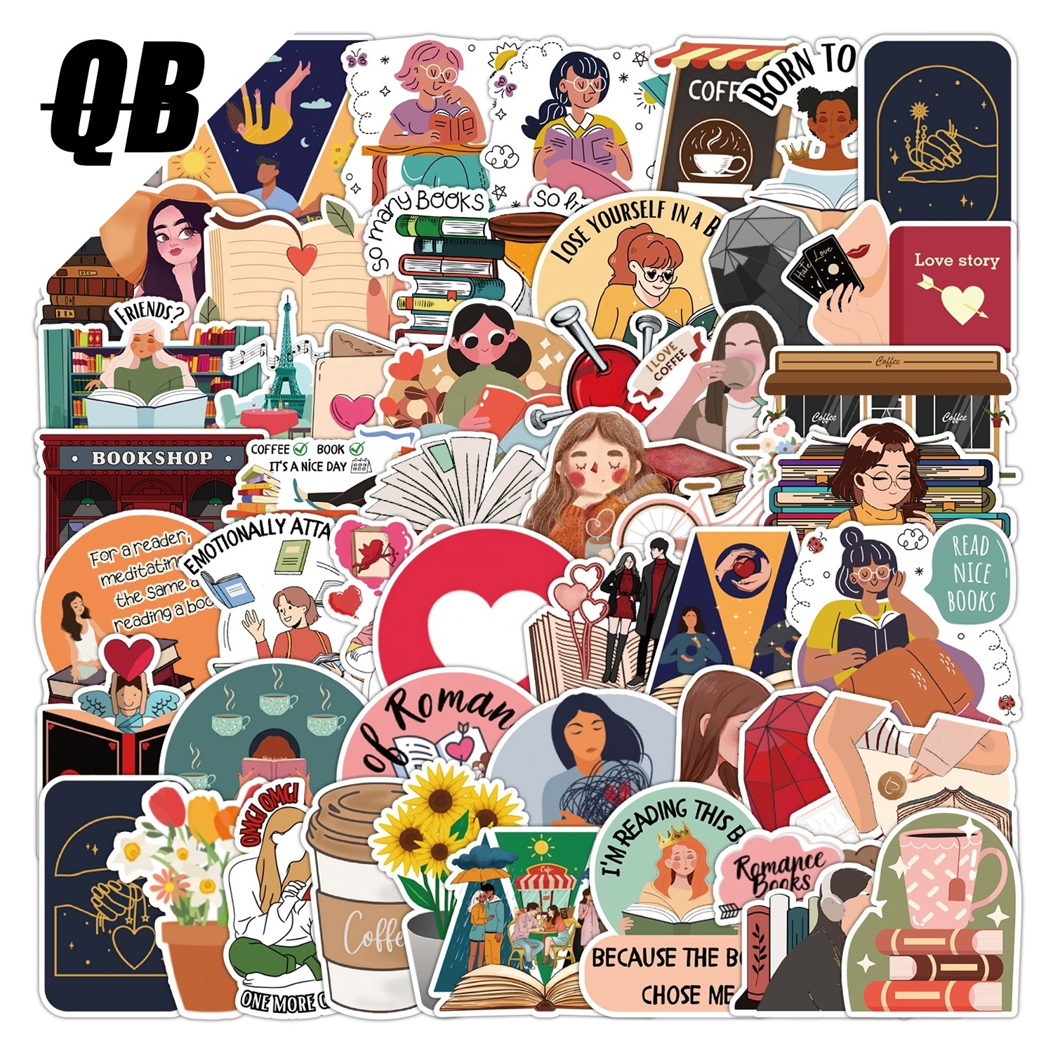 50Pcs Ins Reading Book Girl Cartoon Stickers Pack For Scrapbook Laptop Bottle Cup Luggage Phone Graffiti Decor