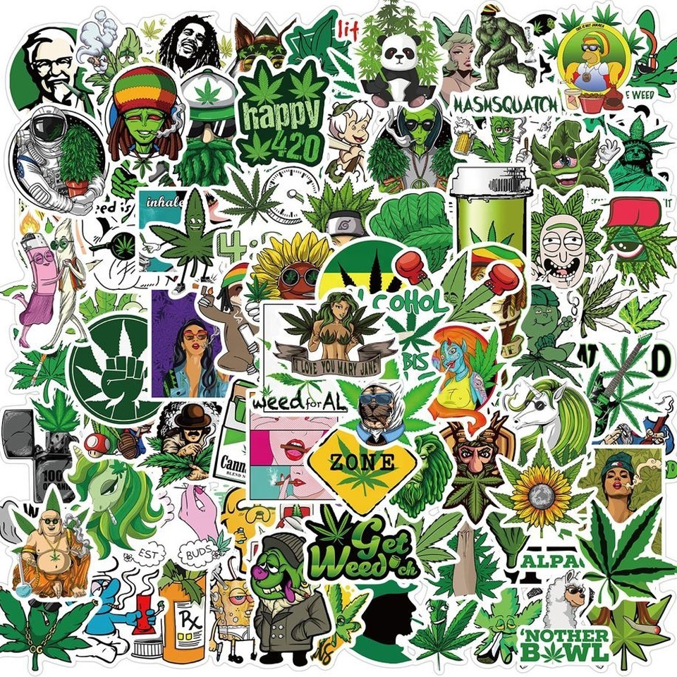 100Pcs Fashion Smoking Leaf Stickers For Home Bottle Fridge Helmet Skateboard Luggage Laptop Trendy Weed Stickers