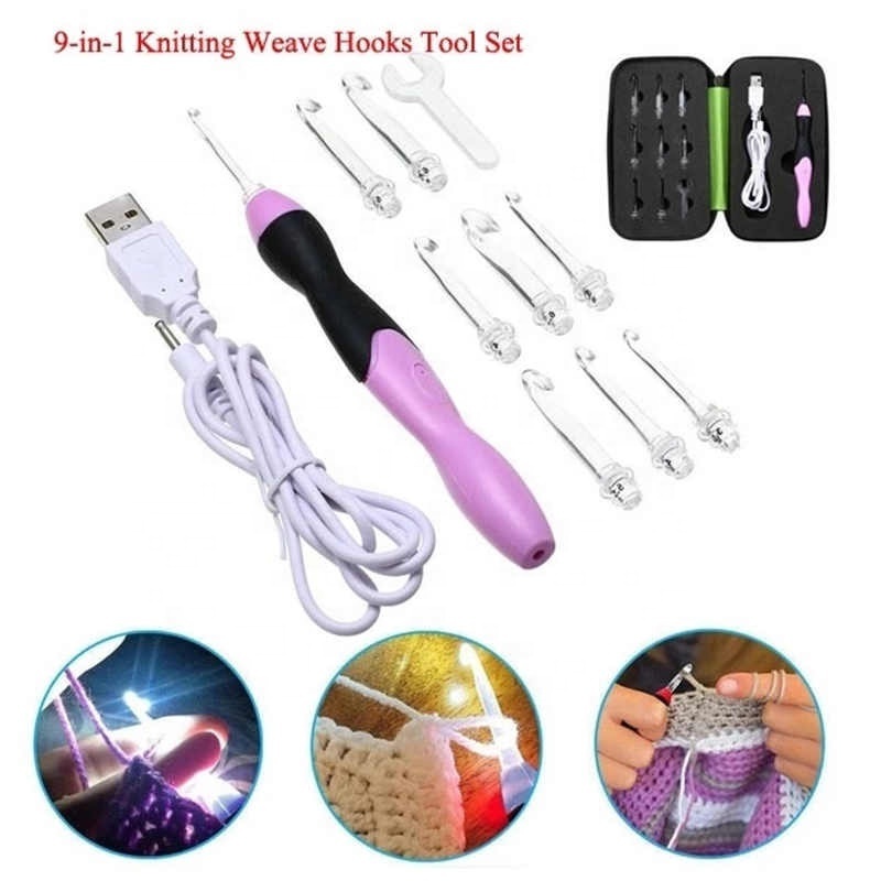 9 in 1 Set USB Light Up Crochet Hooks Knitting Needles LED Sewing Tools Set Kit Rechargeable DIY Tool Brightness Accessories