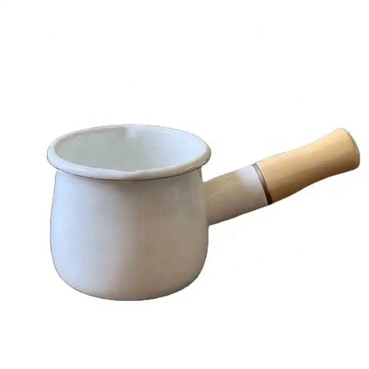 550ml Enamel Milk Pan Single Wooden Handle Saucepan Butter Coffee Heating Pan Kitchen Double Pour out Nozzle Cooking Pot