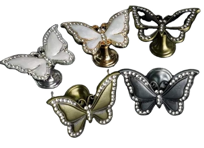 Fashion Creative silver gold bronze butterfly furniture handle clear crystal black white drawer shoe cabinet cupboard knob pull