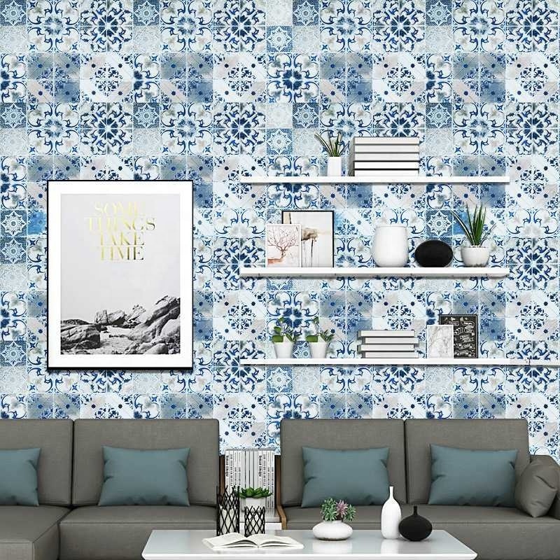 Blue Mosaic Pattern Wallpapers Kitchen Bathroom Waterproof Wall Sticker Home Decor Removable Vinyl PVC Self Adhesive Wallpaper