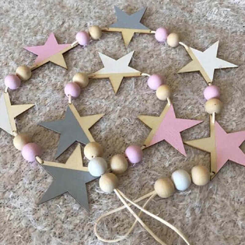 Nordic Wooden Beads Stars Hanging Banners, Children's Room Fashion Soft Furnishings, Girl Room Wall Hanging Decorations