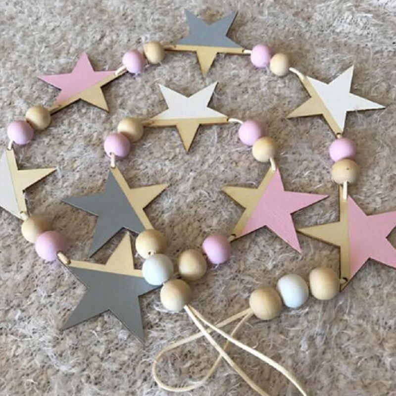 Nordic Wooden Beads Stars Hanging Banners Girl Baby Room Wall Hanging Decorations Children's Room Fashion Soft Furnishings