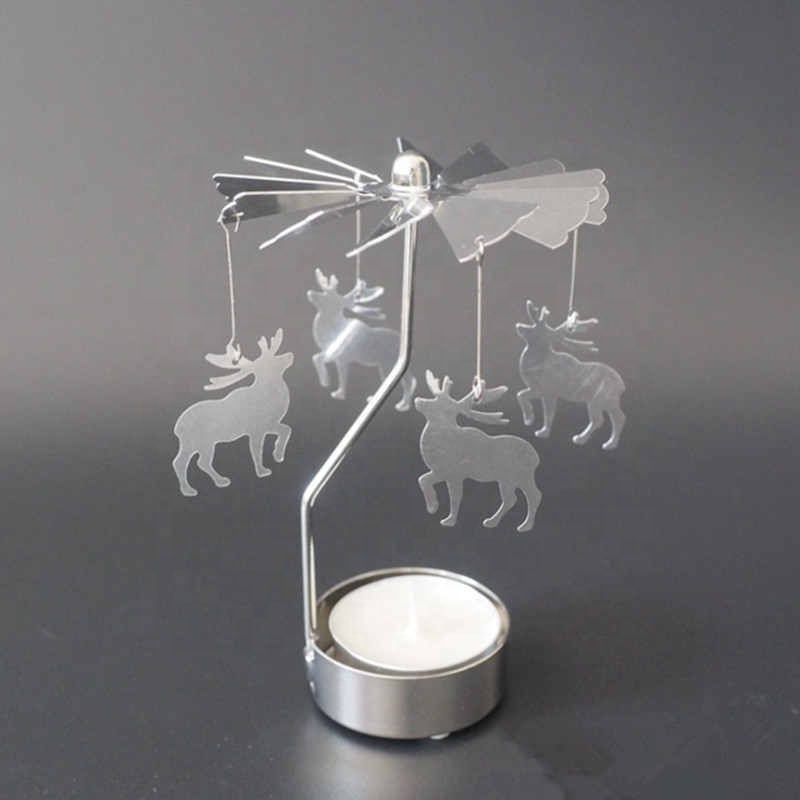 Multi-shape Romantic Spinning Rotary Metal Carousel Tea Light Stand Candle Holder Christmas Decoration Color Sliver