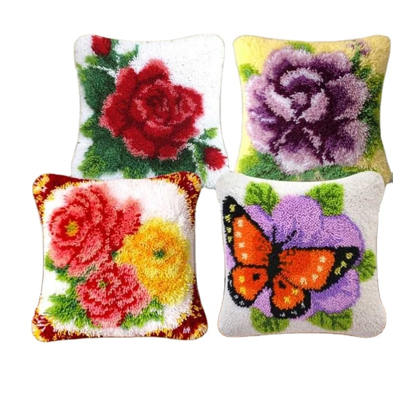 Flowers DIY Latch Hook Rug Kit 3D Segment Embroidery Pillow Wool Cross Stitch K1MF