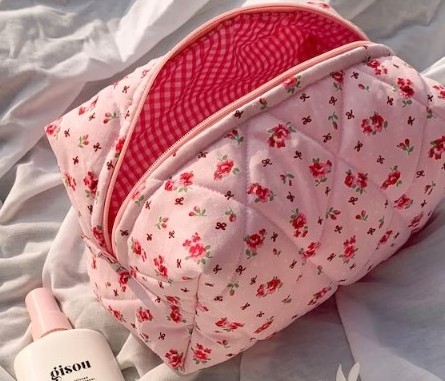 Private Label Travel Flower Organic Cotton Quilting Makeup Bag Zipper Quilted Cosmetic Pouch