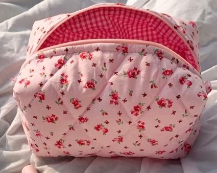 Private Label Travel Flower Organic Cotton Quilting Makeup Bag Zipper Quilted Cosmetic Pouch