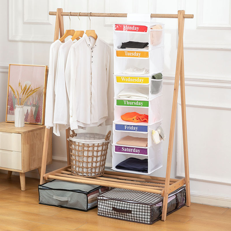 Folding 6 Shelf Oxford Wardrobe Organizer Hanging Storage Shelves with Weekly Label for Closet Clothes Storage Bag