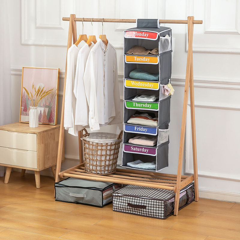 Folding 6 Shelf Oxford Wardrobe Organizer Hanging Storage Shelves with Weekly Label for Closet Clothes Storage Bag