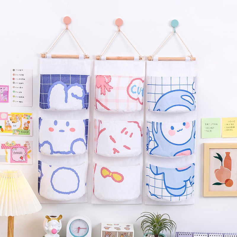 Creative Cute Cotton Linen Storage Triple Hanging Bag Sundries Three Layer Hanging Bag Storage Bag