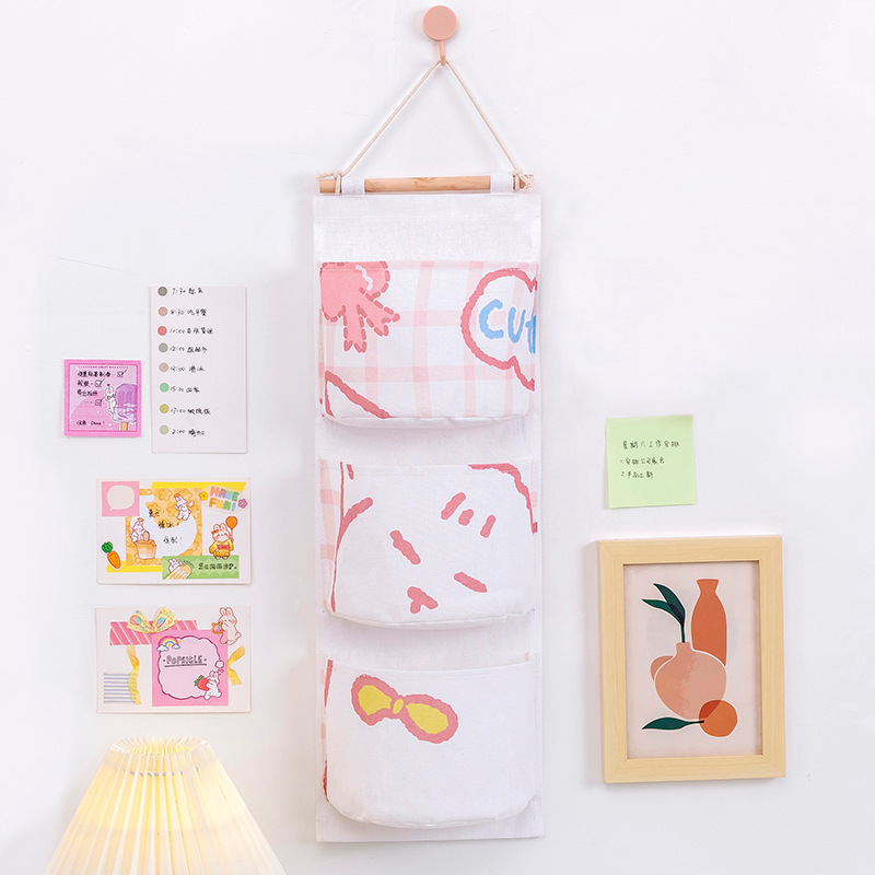 Creative Cute Cotton Linen Storage Triple Hanging Bag Sundries Three Layer Hanging Bag Storage Bag